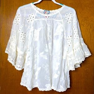 NWT Johnny Was White Floral Embroidered Flutter 3/4 Sleeve Top